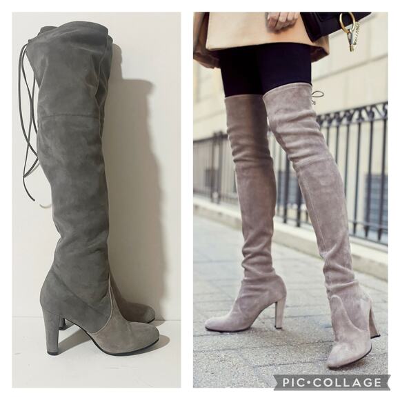 Stuart Weitzman Highland Boots Over the Knee Thigh High Gray Block Heel sz 38 - Picture 1 of 16
